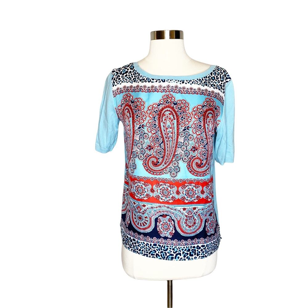 Talbots S Small Blue Paisley Leopard Top‎ Short Sleeve Blouse Casual Red